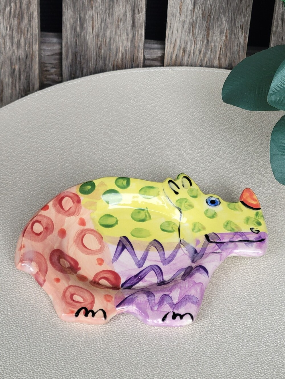 Hand-Painted 1997 Colorful Hippo Ceramic Trinket Dish- Orange Yellow Purple